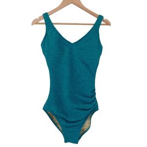 Penbrooke Krinkle Size 12 Teal One-Piece Swimsuit Modest Faux Wrap